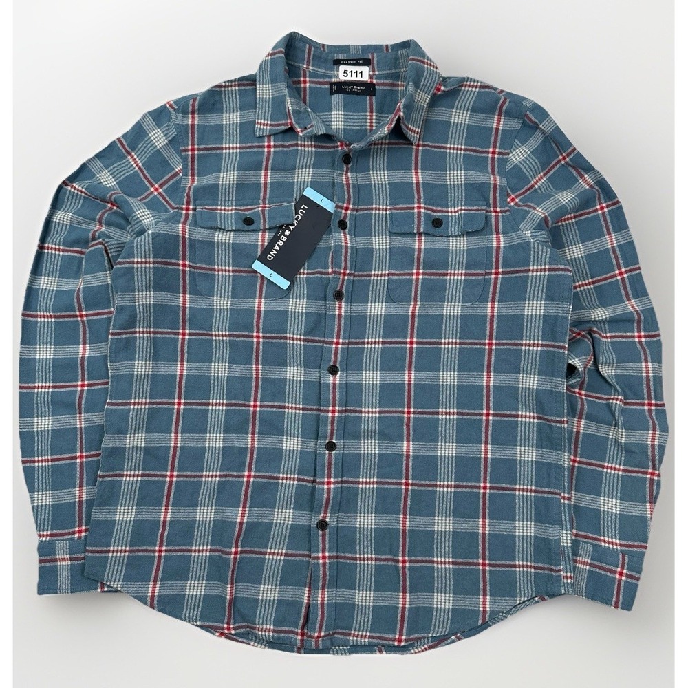 NEW Lucky Brand Flannel Shirt Men Large Blue Plaid Classic Fit 100% Cotton
